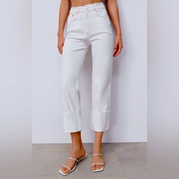 Zara Turn Up Wide Leg Jeans (White, Size USA 8, Tags Included) - Picture 1 of 8